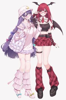 Rule 34 | 2girls, absurdres, adjusting eyewear, alternate costume, arm warmers, belt, black arm warmers, black footwear, black nails, blue bow, book, boots, bow, breasts, bucket hat, cleavage, closed mouth, collared shirt, crescent, crescent hat ornament, criss-cross halter, crop top, detached collar, fishnet thighhighs, fishnets, frilled shirt collar, frilled skirt, frills, full body, glasses, halterneck, hand on eyewear, hand up, hat, hat ornament, head wings, highres, holding, holding book, koakuma, large breasts, leg warmers, long hair, long sleeves, looking at viewer, midriff, miniskirt, multiple girls, necktie, neko-san (dim.dream), patchouli knowledge, pink-framed eyewear, pink boots, pink bow, pink leg warmers, pink ribbon, pink shirt, pink skirt, plaid clothes, plaid leg warmers, plaid skirt, puffy short sleeves, puffy sleeves, purple eyes, purple hair, purple nails, red-framed eyewear, red arm warmers, red eyes, red hair, red leg warmers, red necktie, red skirt, ribbon, semi-rimless eyewear, shirt, short sleeves, simple background, skirt, smile, striped arm warmers, thighhighs, touhou, twitter username, under-rim eyewear, very long hair, white background, wings