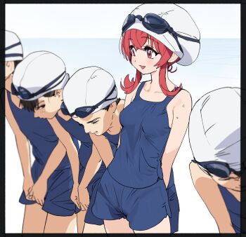 Rule 34 | 1girl, 4boys, arms behind back, bad id, bad twitter id, black hair, blurry, bowing, breasts, depth of field, dorontabi, goggles, goggles on headwear, highres, idolmaster, idolmaster shiny colors, komiya kaho, multiple boys, open mouth, red eyes, red hair, sideways glance, simple background, swim cap, swimsuit, white background