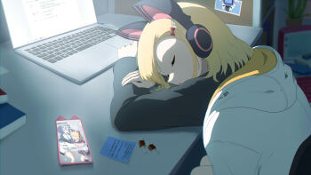 1girl aged_up animal_ear_headphones animal_ears black_halo black_suit blue_archive blue_necktie bow candy cat_ear_headphones cat_ears cellphone chair character_print closed_eyes commentary_request computer desk fake_animal_ears feet_out_of_frame food formal_clothes grey_background hair_bow hair_ornament hairclip halo hamachikichiki headphones highres indoors jacket jacket_on_shoulders kei_(amas)_(blue_archive) laptop leaning_forward long_sleeves medium_hair millennium_science_school_logo momoi_(blue_archive) necktie nose note on_chair on_desk open_mouth partial_commentary phone photo_(object) pink_halo red_bow simple_background sitting sleeping smartphone solo standing suit translation_request upper_body white_jacket yuuka_(blue_archive)