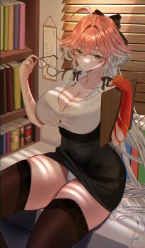 1girl absurdres ahoge bad_id bad_pixiv_id black_bow black_skirt black_thighhighs bookshelf bow breasts button_gap changli_(wuthering_waves) chromatic_aberration collarbone colored_extremities commentary glasses hair_bow hair_intakes highres holding holding_removed_eyewear indoors large_breasts long_hair looking_at_viewer multicolored_hair panties pink_hair red_hands skirt smu_(xhsg8274) solo symbol-only_commentary thighhighs thighs two-tone_hair underwear unworn_eyewear white_hair white_panties wuthering_waves yellow_eyes