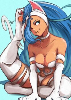1girl animal_ears animal_hands bare_shoulders blue_hair breasts cat_ears cat_girl cat_tail dark-skinned_female dark_skin darkstalkers felicia_(darkstalkers) green_eyes long_hair momo_juice one_eye_closed scratching_head sitting tail very_long_hair white_fur