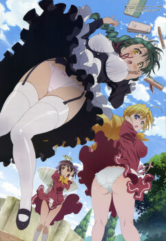 &gt;:o 3girls :o absurdres adjusting_hair ahoge angry apron ass black_hair blonde_hair blue_eyes blush book bow bow_panties bowtie braid breasts brooch brown_eyes brown_hair character_request cloud covered_erect_nipples day dress drill_hair embarrassed fountain from_below garter_belt garter_straps green_hair hair_bow hair_ornament hairclip highres jewelry kneehighs kneepits lace lace-trimmed_panties lace_trim ladies_versus_butlers! large_breasts light_smile lingerie long_hair long_sleeves looking_back maid maid_apron maid_headdress mary_janes medium_breasts megami_magazine multiple_girls no_nose non-web_source official_art outdoors panties pantyshot pink_panties puffy_sleeves purple_panties ribbon ribbon-trimmed_panties ribbon_trim saikyou_tomomi scan sernia_iori_flameheart shikikagami_sanae shoes short_dress short_hair single_braid skirt skirt_tug sky sleeve_cuffs smile socks standing surprised takami_akio thigh_gap thighhighs thighs throwing tree twin_drills underbust underwear upskirt v-shaped_eyebrows very_long_hair water white_panties white_thighhighs wide-eyed wind wind_lift yellow_eyes