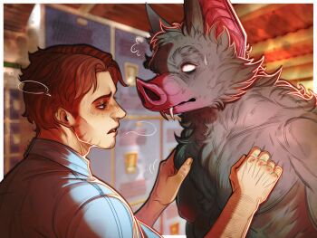 2boys absurdres adam&#039;s_apple arms_up bat_boy blank_eyes blue_shirt border breath brown_eyes brown_hair collared_shirt commentary dispatch english_commentary facial_hair fangs furry furry_male furry_with_non-furry hands_on_another&#039;s_face highres indoors interspecies male_focus multiple_boys outside_border parted_hair parted_lips robert_robertson sai7n shirt sonar_(dispatch) upper_body white_border window yaoi