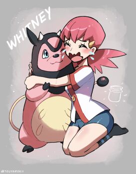 1girl artist_name blue_eyes blue_shorts character_name closed_mouth commentary crying denim denim_shorts english_commentary eyelashes gen_2_pokemon grey_background highres hug medium_hair miltank multiple_tails nintendo one_eye_closed pokemon pokemon_(creature) pokemon_hgss red_hair seiza short_shorts shorts sitting tail tears touyarokii twitter_username udder wavy_mouth whitney_(pokemon)