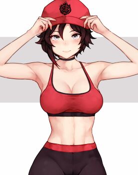 1girl adjusting_clothes adjusting_headwear bare_arms baseball_cap black_choker bluefield breasts brown_hair choker cleavage closed_mouth collarbone hair_between_eyes hat highres leggings looking_at_viewer medium_breasts midriff navel pants red_hat red_sports_bra ruby_rose rwby short_hair smile solo sports_bra yoga_pants