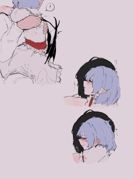 ! 1boy 1girl absurdres arashiki bat_wings black_hair breasts frilled_sleeves frills hair_between_eyes hands_on_another&#039;s_back highres hug pink_shirt pointy_ears purple_hair remilia_scarlet shirt short_hair simple_background small_breasts spoken_exclamation_mark touhou white_background wings