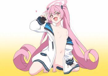 +_+ 1girl barefoot blue_archive blush_stickers breasts collarbone fang fingerless_gloves gloves gradient_background halo heart highres jacket koyuki_(blue_archive) naked_jacket navel nipples okaasan_(okaasandx) open_clothes open_jacket open_mouth pink_eyes pink_hair pink_halo skin_fang small_breasts solo squatting tiptoes twintails v white_jacket yellow_background