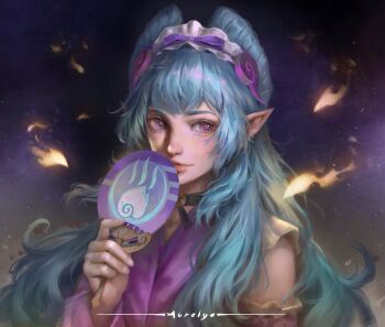 Rule 34 | 1girl, artist name, aurelya art, blue hair, closed mouth, commentary, fingernails, genshin impact, hairband, hand fan, hand up, highres, holding, holding fan, lips, long hair, nihongami, pointy ears, purple eyes, solo, untranslatable commentary, upper body, very long hair, white hairband, yumemizuki mizuki