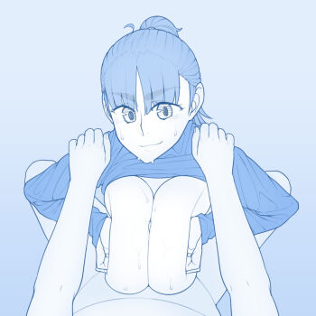 1boy 1girl breast_press breasts breasts_out character_request closed_mouth ekz_(robotekz) huge_breasts inverted_nipples large_breasts long_hair looking_at_another monochrome original paizuri ponytail smile sweat tagme thick_eyebrows topless_female