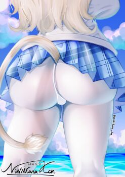1girl animal_ears artist_name ass ass_focus beach blonde_hair blue_skirt cloud commentary_request day from_behind furry highres kemono_friends lion_ears lion_girl lion_tail long_hair lower_body miniskirt nyaruga ocean outdoors panties panties_under_pantyhose pantyhose plaid_clothes plaid_skirt pleated_skirt skirt sky solo tail thighs thong twitter_username underwear virtual_youtuber white_lion_(kemono_friends) white_panties white_pantyhose