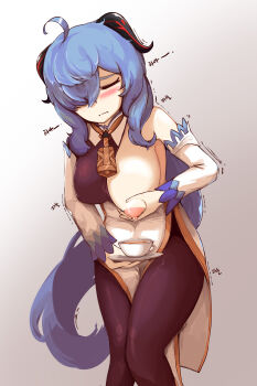 Rule 34 | 1girl, absurdres, ahoge, bare shoulders, bell, black gloves, black pantyhose, blue hair, blush, breast milk in container, breasts, closed eyes, commentary, cup, detached sleeves, english commentary, ganyu (genshin impact), genshin impact, gloves, goat horns, highres, horns, korean text, lactating into container, lactation, large breasts, large variant set, long hair, looking at viewer, medium breasts, neck bell, one breast out, pantyhose, sidelocks, solo, taphris, teacup, variant set, white background