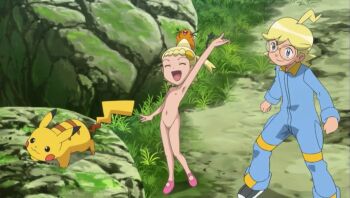1boy 1girl blonde_hair blue_eyes bodysuit bonnie_(pokemon) cleft_of_venus completely_nude dedenne exhibitionism gen_1_pokemon gen_6_pokemon glasses grass loli nintendo nipples nude nude_filter outdoors pikachu pokemon public_indecency pussy rock shoes third-party_edit