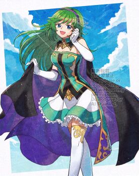 1girl aged_up alternate_costume alternate_hairstyle betabetamaru black_cape blue_eyes breasts cape cleavage dress elbow_gloves fire_emblem fire_emblem:_the_blazing_blade frilled_skirt frills gloves green_hair hairband highres large_breasts long_hair nino_(fire_emblem) nintendo off-shoulder_dress off_shoulder open_mouth purple_cape purple_hairband short_dress skirt smile solo thighhighs thighs two-sided_cape two-sided_fabric two-tone_cape white_gloves white_thighhighs zettai_ryouiki