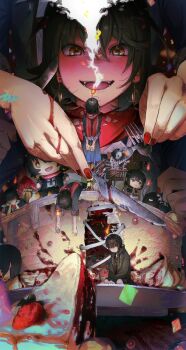 5boys black_hair black_jacket blood blood_on_hands cake character_doll diandian_quan doll earrings food fork fruit giant giant_male highres holding holding_fork holding_knife hood hooded_jacket jacket jewelry knife male_focus mashiro_meme mashiro_meme_(1st_costume) mashiro_meme_(2nd_costume) mashiro_meme_(3rd_costume) mini_person miniboy multiple_boys nail_polish nijisanji official_alternate_costume red_scarf scarf short_hair smile smoke strawberry virtual_youtuber yellow_eyes