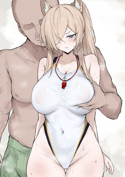1girl animal_ear_fluff animal_ears arms_at_sides bare_shoulders blonde_hair blue_archive blue_eyes blue_halo breasts collarbone competition_swimsuit covered_erect_nipples covered_navel dog_ears extra_ears faceless faceless_male grabbing_another's_breast grabbing_from_behind groping hair_over_one_eye halo highleg highleg_one-piece_swimsuit highres impossible_clothes impossible_swimsuit kanna_(blue_archive) kanna_(swimsuit)_(blue_archive) large_breasts long_hair notched_ear official_alternate_costume one-piece_swimsuit ponytail sakiya_(sak1_01) simple_background standing sweat swimsuit thighs whistle whistle_around_neck white_background white_one-piece_swimsuit