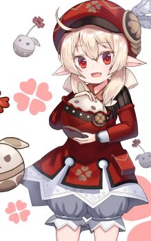 absurdres backpack bag bloomers dodoco_(genshin_impact) dress feathers flez1511 genshin_impact hat hat_feather highres klee_(genshin_impact) long_hair open_mouth pointy_ears red_dress red_eyes red_hat smile solo twintails underwear white_feathers