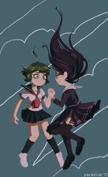 2girls ahoge black_shoes black_socks blue_sailor_collar blue_skirt closed_eyes closed_mouth cloud collared_shirt commentary danganronpa_(series) danganronpa_another_episode:_ultra_despair_girls dated english_commentary eyelashes falling floating_hair fukawa_toko full_body glasses green_eyes green_hair highres holding_hands kneehighs long_hair long_sleeves multiple_girls naegi_komaru necktie purple_hair purple_serafuku purple_shirt purple_skirt purple_thighhighs red_necktie sailor_collar school_uniform serafuku shirt shoes short_hair short_sleeves skirt skirt_set smile socks thighhighs torn_clothes torn_skirt white_sailor_collar white_shirt white_shoes yorhaw