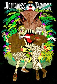 Rule 34 | 1boy, 1girl, blonde hair, blunt bangs, boots, commentary request, daki (kimetsu no yaiba), dinosaur, doraemon, doraemon (character), earrings, full body, green hair, gyuutarou (kimetsu no yaiba), high-waist skirt, highres, jewelry, jurassic park, kimetsu no yaiba, open mouth, outstretched arms, ponytail, red eyes, red nails, sharp teeth, shirt, shorts, sidelocks, skirt, smile, t-shirt, takeuchi ryousuke, teeth, tyrannosaurus rex, whiskers