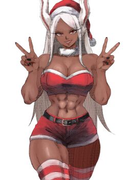 1girl abs animal_ears bare_arms bare_shoulders belt black_belt black_nails boku_no_hero_academia breasts christmas cleavage commentary dark-skinned_female dark_skin double_v eddenikki english_commentary fur-trimmed_headwear fur_collar fur_trim hands_up hat highres large_breasts long_eyelashes long_hair looking_at_viewer midriff mirko nail_polish navel parted_bangs rabbit_ears rabbit_girl red_eyes red_hat red_shorts red_tube_top santa_hat short_shorts shorts simple_background smile solo stomach strapless striped_clothes striped_thighhighs thick_thighs thighhighs thighs toned toned_female tube_top v very_long_hair white_background white_hair white_trim