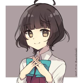 1girl ahoge aqua_bow aqua_bowtie blunt_bangs bow bowtie brown_eyes brown_hair collared_shirt dated dress dress_shirt halter_dress halterneck highres kantai_collection kishinami_(kancolle) kurasaki_cosmos own_hands_clasped own_hands_together pleated_dress shirt short_hair solo twitter_username upper_body white_shirt