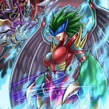 1boy 1girl absurdres armor blue_fire breasts cape claws commentary duel_monster english_commentary evil_hero_inferno_wing evil_hero_neos_lord evil_smile eye_mask feathered_wings fire glasses green_eyes green_fur green_hair highres krausarts long_hair mask red_lips shoulder_armor shoulder_spikes smile spikes thighs umbrakinesis wide_hips wings yu-gi-oh!