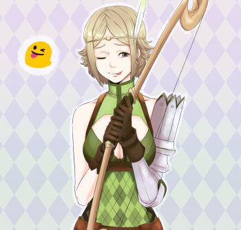 1girl ;p bare_shoulders blonde_hair bow_(weapon) breasts circlet cleavage commentary english_commentary feather_hair_ornament feathers fire_emblem fire_emblem_awakening gloves hair_ornament highres holding holding_bow_(weapon) holding_weapon large_breasts lithety looking_at_viewer nintendo noire_(fire_emblem) one_eye_closed short_hair smile solo tongue tongue_out weapon