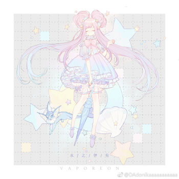 1girl ankle_cuffs bloomers blue_bow blue_bowtie blue_choker blue_dress blue_eyes blue_sleeves blue_umbrella border bow bow_legwear bowtie character_name chinese_commentary choker closed_eyes commentary_request dadonikaaaaaaaaaaa double_bun dress eyelashes frilled_choker frilled_dress frilled_sleeves frills full_body gen_1_pokemon gradient_bow gradient_bowtie gradient_hair grey_background grid_background hair_bun hair_ornament hand_up highres holding holding_umbrella long_hair mixed-language_text multicolored_hair nintendo original pink_bow pink_bowtie pink_dress pink_hair pokemon pokemon_(creature) puffy_short_sleeves puffy_sleeves purple_footwear see-through_clothes see-through_sleeves shell shell_hair_ornament shoes short_sleeves star_(symbol) star_hair_ornament star_symbol_background twintails two-tone_dress umbrella underwear vaporeon very_long_hair watermark weibo_watermark white_bloomers white_border