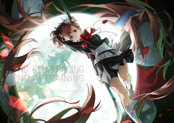 2girls absurdres black_jacket black_skirt bow bowtie brown_hair full_moon gekkoukan_high_school_uniform hashtag-only_commentary highres holding holding_behind_back holding_polearm holding_weapon huge_moon jacket lee999nine looking_at_viewer moon multiple_girls parted_lips persona persona_3 persona_3_portable polearm red_bow red_bowtie red_eyes school_uniform shiomi_kotone skirt socks weapon white_socks