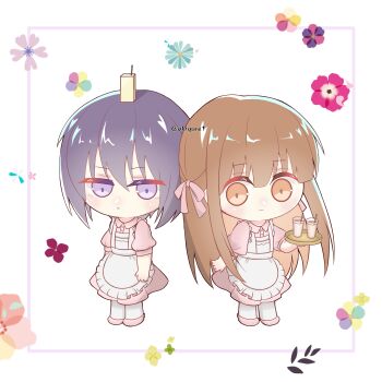 absurdres akigure1 apron brown_eyes brown_hair chibi cup dress drinking_glass drinking_straw flower frills fruits_basket hair_ribbon highres holding holding_cup holding_tray honda_tohru long_hair maid maid_apron maid_headdress pink_dress pink_ribbon pink_shoes purple_eyes purple_hair ribbon shoes short_hair smile socks sohma_akito tray unhappy white_socks