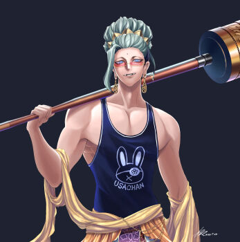 1boy absurdres animal_print bindi black_background black_tank_top blue_eyes blue_hair buddha_(shuumatsu_no_valkyrie) collarbone cowboy_shot crown crown_hair_ornament crown_ornament ear_piercing earrings facial_mark fangs flower-shaped_pupils forehead_mark glasses gold_crown gold_earrings green_hair hair_bun hand_up highres holding holding_staff jewelry long_hair looking_at_viewer loose_hair_strand lower_teeth_only male_focus multicolored_hair muscular muscular_male open_mouth pectorals piercing pink_glasses rabbit_print rectangular_eyewear robe shuumatsu_no_valkyrie simple_background solo staff symbol-shaped_pupils tagme tank_top teeth toned toned_male upper_body yellow_robe