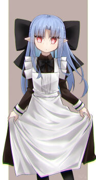 apron black_bow black_dress black_pantyhose blue_hair bow breasts commentary_request dress hair_bow half_updo highres len_(tsukihime) long_hair long_sleeves looking_at_viewer pantyhose parted_bangs pointy_ears red_eyes skirt small_breasts solo tsukihime white_apron yubeshi_(zecxl)