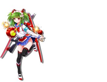 1girl beatmania_iidx bemani black_thighhighs blunt_bangs blush bomb bombergirl bombergirl_official closed_mouth explosive green_hair hishimiya_tsugaru holding holding_bomb long_sleeves looking_at_viewer medium_hair official_art over-kneehighs red_eyes short_twintails smile solo thighhighs timer transparent_background twintails white_footwear