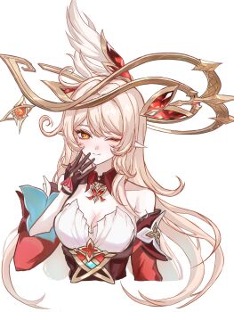 1girl alice_(genshin_impact) blonde_hair breasts brown_gloves cleavage commentary_request cropped_torso detached_sleeves genshin_impact gloves hat highres long_hair looking_at_viewer one_eye_closed pointy_ears simple_background smile wa_serin white_background