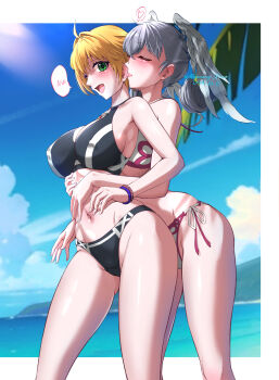 2girls absurdres bikini black_bikini blonde_hair breasts cleavage closed_eyes ear_licking fiora_(xenoblade) green_eyes grey_hair head_wings heart highres large_breasts licking medium_breasts melia_antiqua mercury_xeno multiple_girls one_eye_closed outdoors swimsuit water white_bikini wings xenoblade_chronicles_(series) xenoblade_chronicles_1