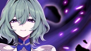1girl bright_pupils close-up genshin_impact green_hair hair_between_eyes hashtag-only_commentary high_collar highres mandarin_collar nana668 purple_background purple_eyes short_hair solo tholindis_(genshin_impact) white_pupils