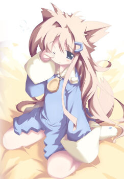 Rule 34 | 1girl, animal ears, bed, blue dress, blush, brown hair, bubble, cat ears, cat girl, cat tail, character request, dress, hair ornament, hairclip, long hair, long sleeves, looking at viewer, one eye closed, onnanoko suwari, rubbing eyes, sitting, sleepy, socks, tail, white socks