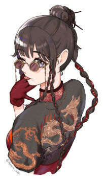 1girl ;p black_shirt braid breasts brown_hair china_dress chinese_clothes closed_mouth collared_dress commentary_request cropped_shirt cropped_torso dragon dragon_print dress eastern_dragon eyelashes gloves hair_bun hair_ornament hair_ribbon hairpin hand_on_own_cheek hand_on_own_face happy kohanai_setsuna long_hair looking_at_viewer looking_back multiple_braids nikki_(series) one_eye_closed print_shirt purple_eyes red-tinted_eyewear red_dress red_gloves red_ribbon ribbon round_eyewear shifting_clouds_(shining_nikki) shining_nikki shirt short_sleeves simple_background single_hair_bun smile solo sunglasses tinted_eyewear tongue tongue_out tress_ribbon twitter_username very_long_hair white_background yellow-framed_eyewear