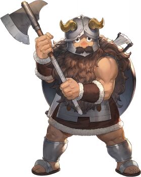 1boy axe beard brown_hair dungeon_meshi dwarf facial_hair fake_horns full_beard game_cg helmet highres holding holding_axe horned_helmet horns leg_armor long_beard long_hair male_focus muscular muscular_male mustache non-web_source official_art sandals senshi_(dungeon_meshi) sleeveless solid_circle_pupils solo sword_of_convallaria thick_mustache transparent_background very_long_beard wok