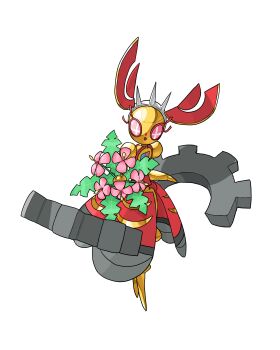 :o absurdres bouquet commentary_request eyelashes flower full_body gen_7_pokemon highres legendary_pokemon magearna malryu mega_magearna mega_pokemon mythical_pokemon nintendo open_mouth pink_flower pokemon pokemon_(creature) pokemon_focus robot solo spikes spoilers transparent_background