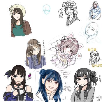 6+girls ampere_(love_live!) animification artist_request black_hair blue_hair blue_jacket brown_cardigan brown_hair cardigan closed_mouth collarbone commentary_request grey_shirt hair_bun hair_ornament hanamiya_nina jacket kan_kanna kobayashi_aika kurusu_rin link!_like!_love_live! llkapital long_hair long_sleeves love_live! magicaldraw_(medium) meiji_(mosamoo3) mole mole_under_eye multiple_girls multiple_views nirei_nozomi open_cardigan open_clothes partially_colored rabbit_hair_ornament real_life sakurai_hina shirt simple_background single_bare_shoulder single_off_shoulder single_side_bun smile split_mouth voice_actor white_background