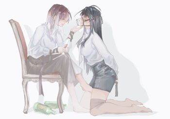 2girls arms_behind_back bare_shoulders beer_bottle black_hair black_skirt bound bound_wrists brown_thighhighs champagne_flute closed_mouth collared_shirt cup drinking_glass gradient_hair grey_skirt hand_on_another&#039;s_chin highres long_hair long_sleeves multicolored_hair multiple_girls muzzle_(mask) necktie path_to_nowhere pencil_skirt purple_hair rahu_(path_to_nowhere) scar scar_across_eye scar_on_face shalom_(path_to_nowhere) shirt simple_background skirt smile snowballes thighhighs white_background white_hair white_necktie yuri