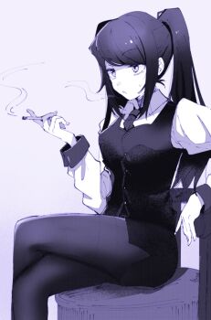 cigarette collared_shirt highres jill_stingray long_hair long_sleeves miniskirt monochrome necktie pantyhose purple_hair purple_vest shirt simple_background sitting skirt smoke smoking sweatdrop thi_fure twintails va-11_hall-a vest