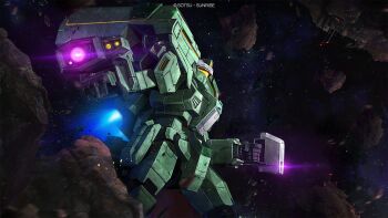 asteroid camera copyright_logo debris earth_federation_space_forces ewac_jegan glowing gundam gundam_battle_operation_2 gundam_unicorn highres jegan laser_pointer logo machinery mecha mecha_focus mobile_suit nebula no_humans official_art painting_(medium) realistic robot scan science_fiction sky space star_(sky) starry_sky sunrise_(company) tenjin_hidetaka thrusters traditional_media yellow_visor