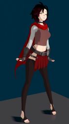 1girl 3d animated belt black_hair breasts cape choker dancing fingerless_gloves gloves gradient_hair grey_eyes highres kallenz legs medium_breasts multicolored_hair red_cape red_hair ruby_rose rwby short_hair skirt smile solo swaying thighhighs video