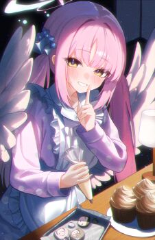 Rule 34 | 1girl, absurdres, angel wings, apron, blue archive, blush, commentary request, cupcake, doodle sensei (blue archive), feathered wings, flower, food, frilled apron, frills, hair between eyes, hair flower, hair ornament, halo, highres, holding, holding pastry bag, index finger raised, long hair, long sleeves, looking at viewer, nagisa (blue archive), open mouth, pastry bag, pink hair, pink halo, plate, polka dot, polka dot shirt, seia (blue archive), sensei (blue archive), seori 0u0, shirt, smile, solo, twintails, white apron, white wings, wings, yellow eyes