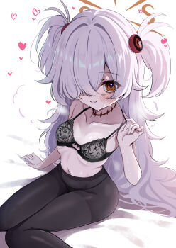 1girl absurdres bags_under_eyes black_bra black_panties black_pantyhose blue_archive blush bow bow_bra bra breasts brown_eyes brown_halo collarbone eyeball_hair_ornament eyes_visible_through_hair grey_hair grin hair_between_eyes hair_over_one_eye halo hand_up heart heart_in_eye heavy_breathing high-waist_pantyhose highres kanoe_(blue_archive) lace lace_bra lace_panties loli long_bangs long_hair looking_at_viewer messy_hair navel on_bed one_eye_closed panties panties_under_pantyhose pantyhose scar scar_on_neck simple_background sitting small_breasts smile solo strap_pull sweat sweatdrop symbol_in_eye tarako_(tarakopng) thighband_pantyhose two_side_up underwear underwear_only very_long_hair white_background white_hair