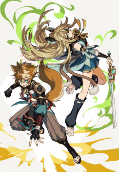 1boy 1girl :d animal_ears animal_feet aqua_eyes armor artist_name asymmetrical_sleeves bandaged_torso bandages bell black_bow black_footwear black_gloves black_leg_warmers black_shirt blue_skirt blue_sleeves bow brown_hair cat_feet clenched_hand clothing_cutout commentary_request crop_top detached_sleeves dog_boy dog_ears dog_tail energy eyeshadow fang fingerless_gloves floating_hair fur_trim genshin_impact gloves gorou_(genshin_impact) green_eyes grey_background grey_pants hair_between_eyes hair_bow hair_ornament highres hip_vent holding holding_sword holding_weapon igote japanese_armor japanese_clothes jingle_bell kirara_(genshin_impact) kouhaku_nawa leg_warmers long_hair looking_at_viewer makeup multicolored_hair ojo_aa open_mouth pants pauldrons pawpads pleated_skirt pom_pom_(clothes) red_eyeshadow rope sandals shimenawa shirt short_hair shoulder_armor sidelocks simple_background single_fingerless_glove single_sode skirt smile sode streaked_hair sword tail tassel teeth the_dockhand's_assistant_(genshin_impact) thick_eyebrows twitter_username two-tone_background uneven_sleeves upper_teeth_only v-shaped_eyebrows watermark weapon white_background white_hair x_hair_ornament