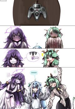 3girls =_= ? ?? animal_ears aqua_hair aquwa arm_up bare_shoulders bell black_ribbon black_skirt blue_eyes blush breasts closed_eyes closed_mouth colored_skin commentary controller cow_ears cow_girl cow_horns cow_tail crelly_(vtuber) ear_tug fang from_below game_controller glint green_hair grey_skin hair_intakes hair_ornament hairclip halo height_difference heterochromia highres horns indie_virtual_youtuber long_hair long_sleeves megalodon_(vtuber) multicolored_hair multiple_girls neck_bell neck_ribbon nintendo_64_controller open_mouth purple_eyes purple_hair red_eyes ribbon shirt simple_background skin_fang skirt smile speech_bubble spoken_question_mark swobington table tail twintails twitter_username two-tone_hair virtual_youtuber white_background white_hair white_shirt