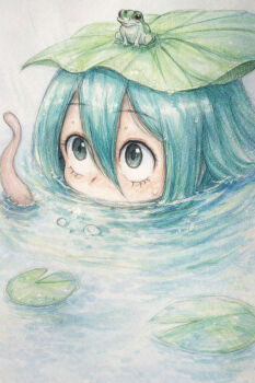 Rule 34 | 1girl, asui tsuyu, boku no hero academia, colored pencil (medium), commentary request, frog, frog on head, furato44, green hair, hair between eyes, highres, leaf, leaf on head, lily pad, mouth submerged, mouth under water, partially submerged, sitting on water, solo, traditional media, upturned eyes, wet