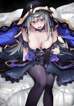 1girl absurdres bed_sheet black_gloves black_pantyhose black_survival breasts cleavage commission eternal_return:_black_survival gloves haagyu highres on_bed pantyhose pixiv_commission solo sweat tongue tongue_out